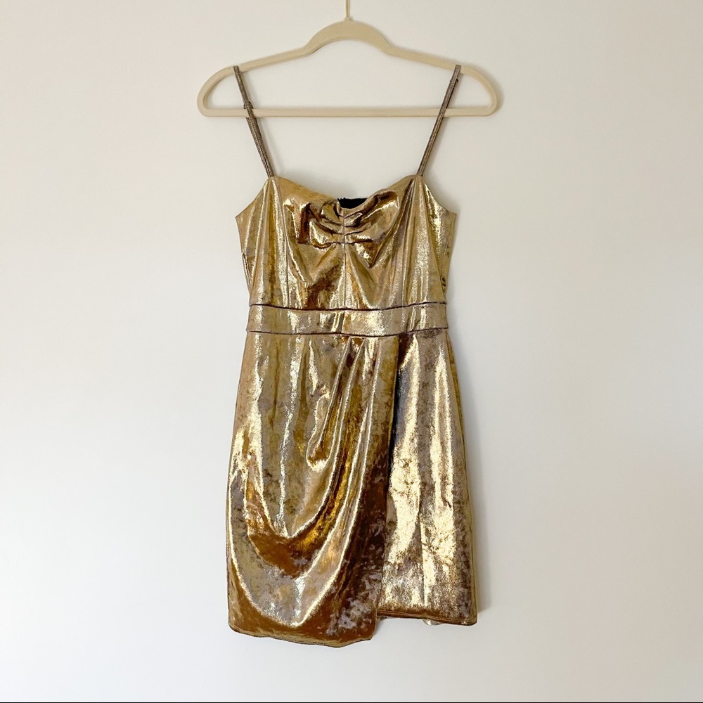 NEW Zara Metallic Spaghetti Straps Asymmetric Dress S Gold